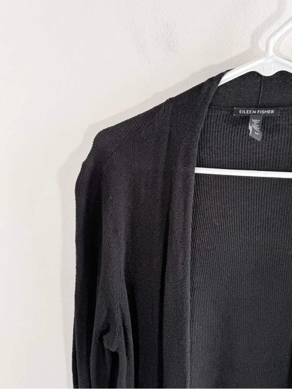 Eileen Fisher Black Linen Open Front Lightweight Knit Cardigan Pockets Small